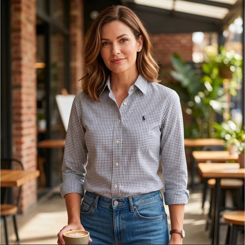 Lauren Ralph Lauren Petite Medium Non-Iron Button Up Shirt Navy White Check PM